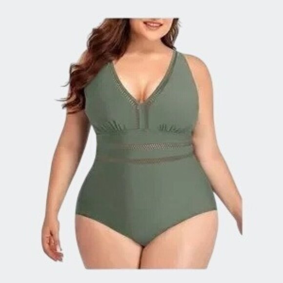 Daci Olive Green One-Piece Swimsuit With Adjustable Straps & Waist Detail 20W - Picture 1 of 15